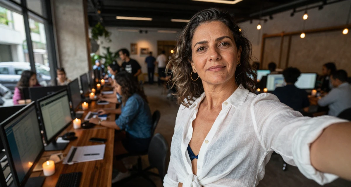 A gentle Female From Brazil, studied software engineering in their 51, switching careers later in life, wearing a translucent linen shirt worn over a swimsuit, posing for a selfie in a busy coworking space.