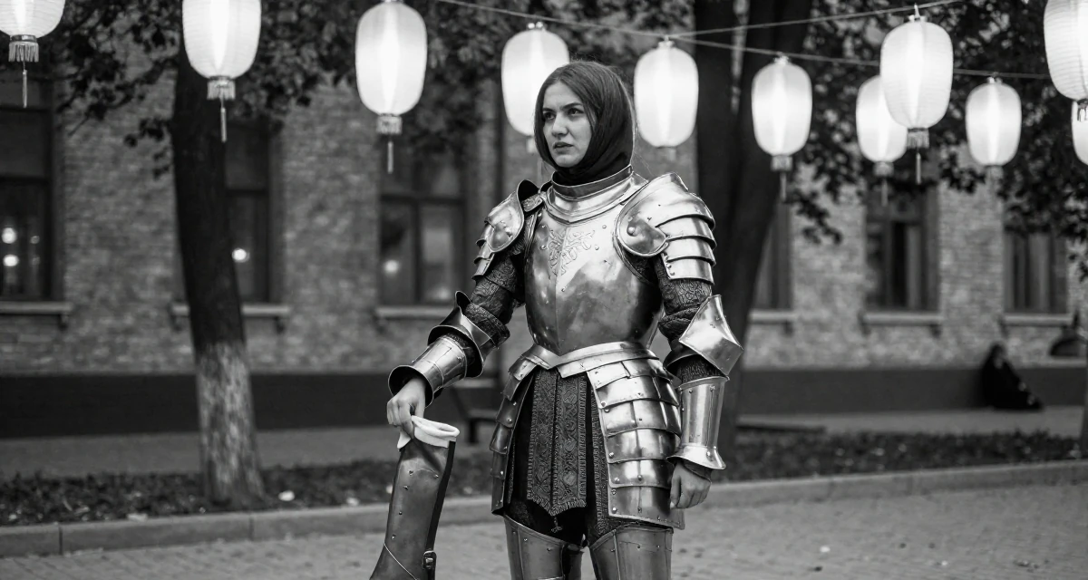 A ferocious Female From Kazakhstan, based in Almaty, graduated from a state university majoring in journalism in their 22, figuring out what content brings recurring subs, wearing a fantasy warrior princess armor made of silver metal, pulling up a sock in a university campus.