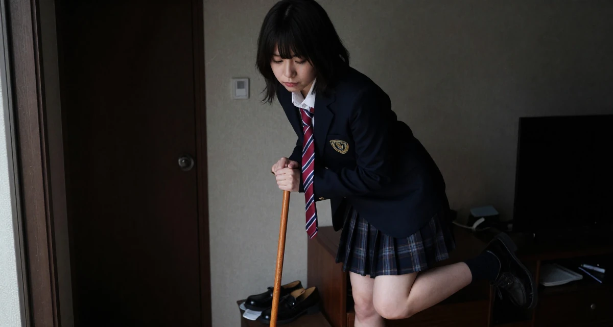 A reserved Female From Osaka Japan, learned cosplay craftsmanship and character styling in their 23, feeling the thrill of posting a bold outfit for the first time, wearing a classic collegiate style, looking down at shoes in a home interior.