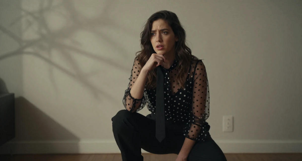 A vulnerable Female From Chicago USA, holds a degree in communications in their 22, maintaining emotional distance while delivering flirty energy, wearing a sheer polka dot blouse and black trousers, gripping a lapel in a home interior.