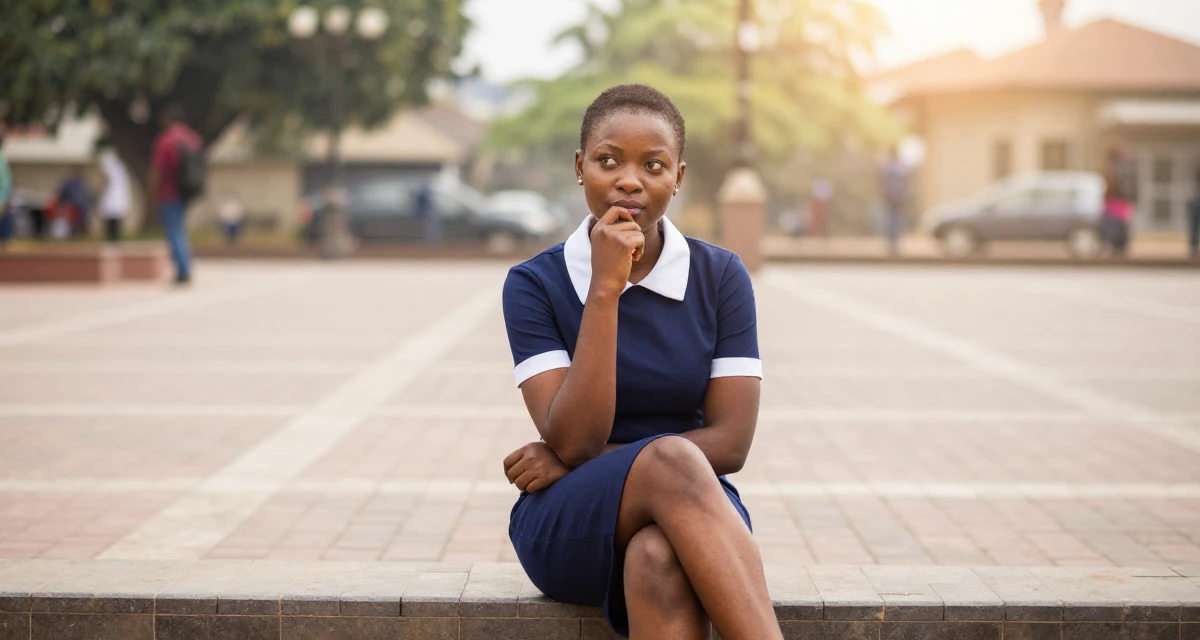 A thoughtful Female From Ghana, majored in banking and finance in their 25, shaping long-term career direction, wearing a navy blue dress with white collar and cuffs, biting a lip thoughtfully in a pedestrian plaza.
