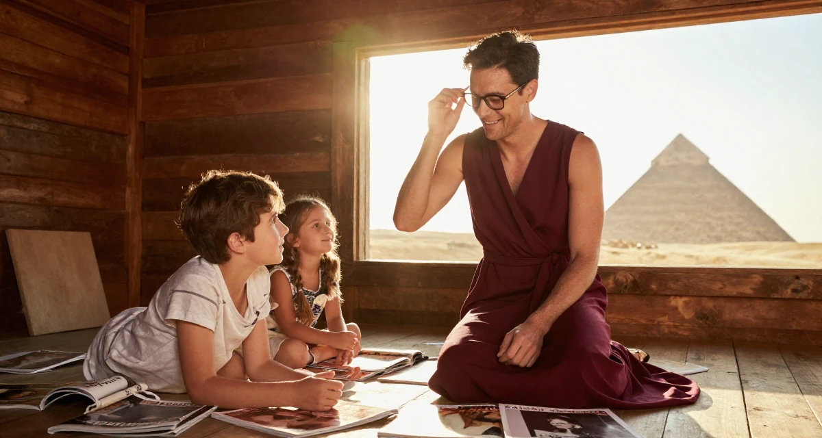 A joyful male Former swim instructor, now producing sun-soaked lifestyle content in their 45, helping kids apply for college and empty nesting, wearing a elegant wrap dress in deep burgundy, pushing glasses up the nose in a rustic wooden cabin interior.
