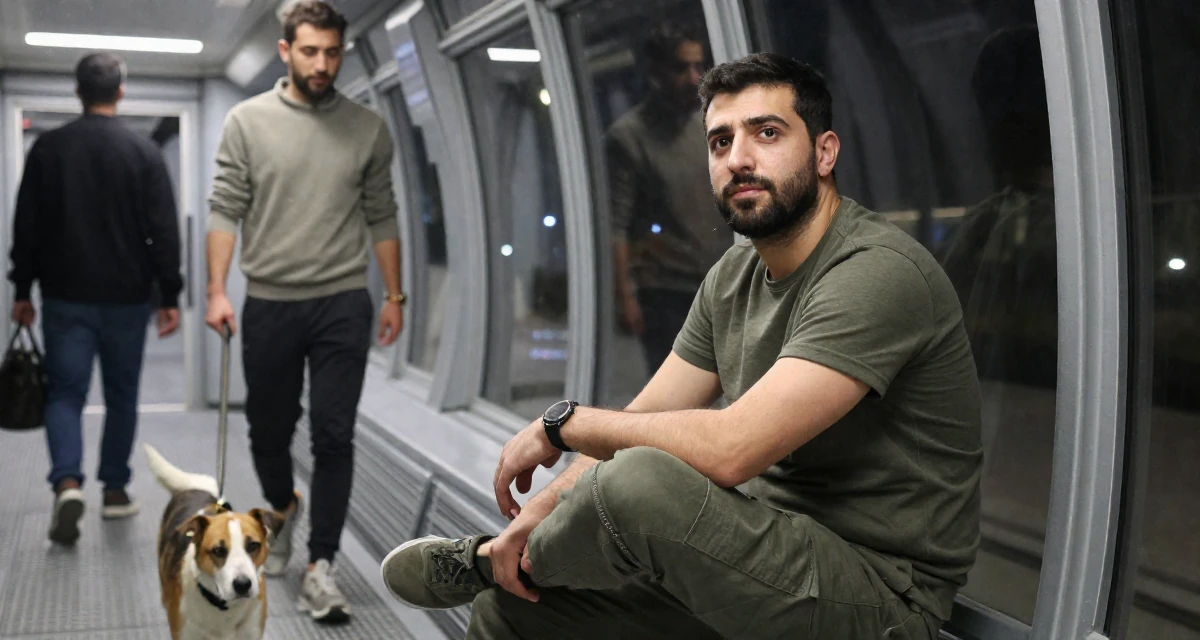 A thoughtful male Raised in Turkey, studied media relations and advertising in their 20, feeling invincible on a night out with friends, wearing a muted olive green tones, walking a dog (leash visible) in a spaceship corridor.