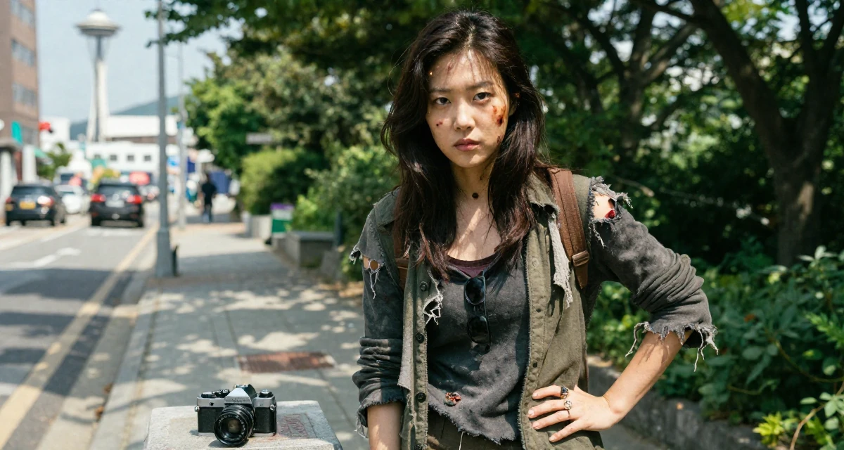 A stoic and strong Female From South Korea, based in Busan, graduated from a design institute majoring in visual communication in their 30, transitioning from corporate grind to creative freedom, wearing a zombie apocalypse survivor gear with torn clothes, playing with a ring on a finger in a city sidewalk.