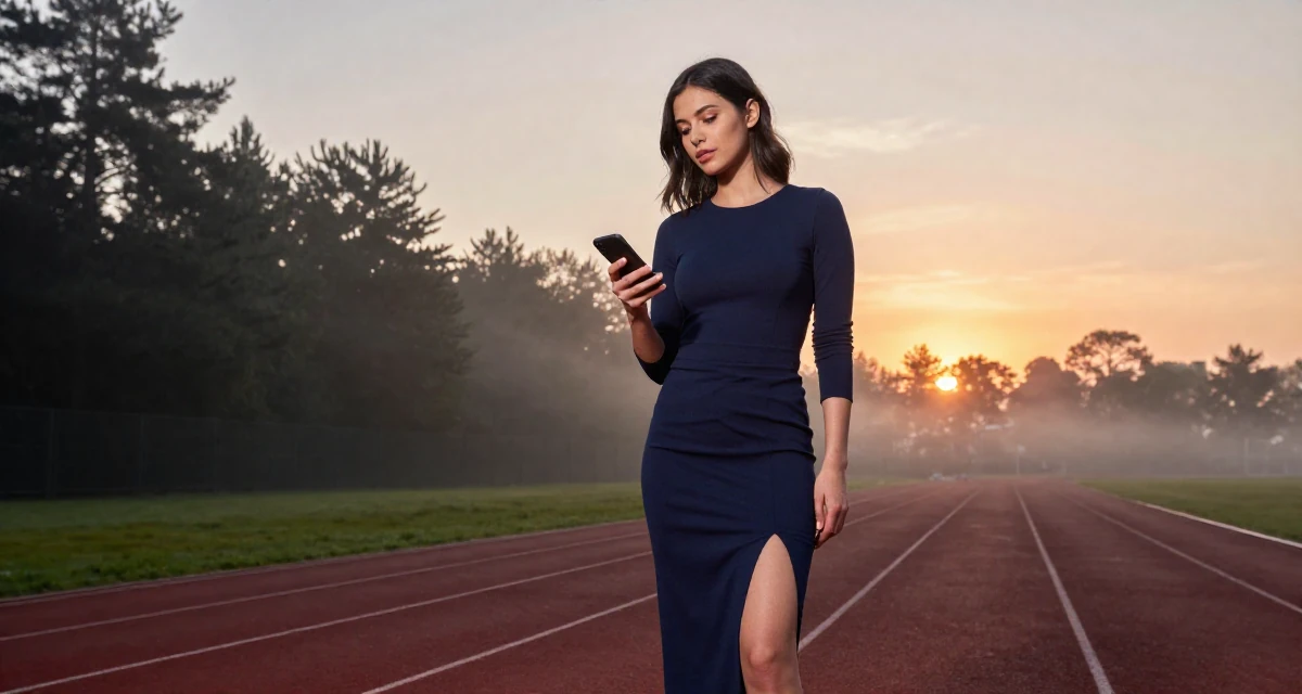 A mysterious Female From UK, studied anthropology in their 22, exploring early career opportunities, wearing a long pencil skirt with a high side slit, scrolling casually in a running track.