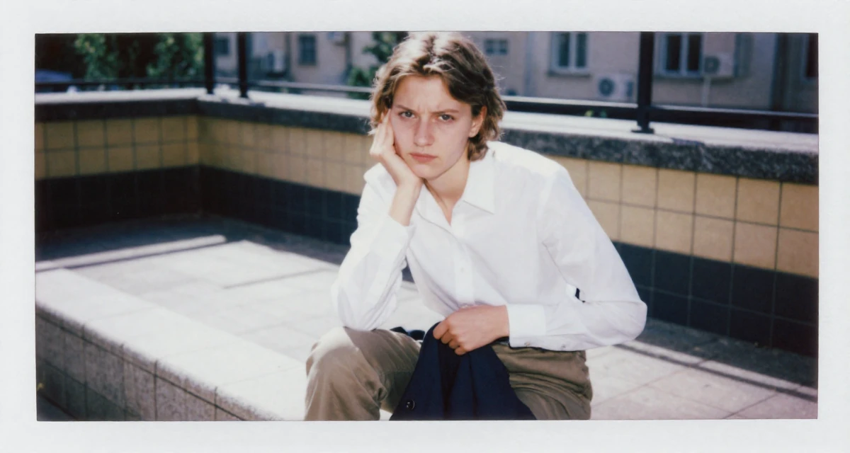 A tense Female From Russia, studied computer science at a technical university in their 41, sharing the reality of raising high schoolers, wearing a crisp white shirt and chinos, buttoning a jacket in a sunny patio.