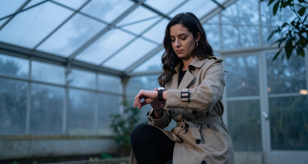 A reserved Female From United States, studied health science in their 26, learning to endure hate comments quietly, wearing a long trench coat belted tightly at the waist, checking a wristwatch in a greenhouse interior.