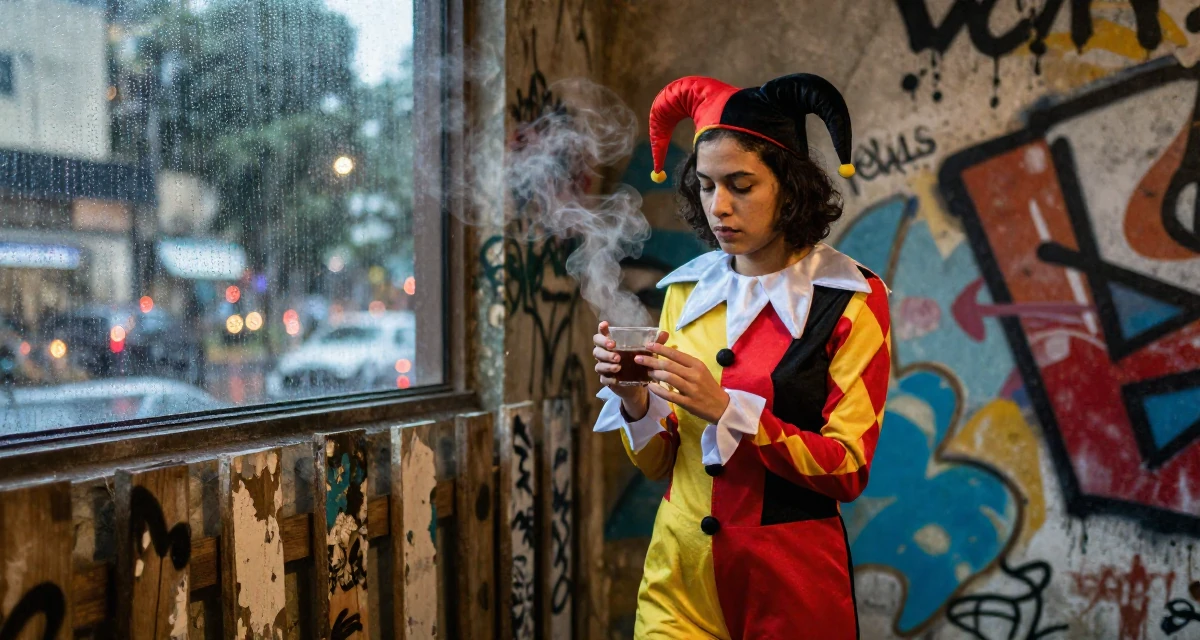 A mellow Female From Brazil, studied software engineering in their 25, identifying strengths and weaknesses, wearing a harlequin jester costume with a diamond pattern, inspecting fingernails in a graffiti art wall.
