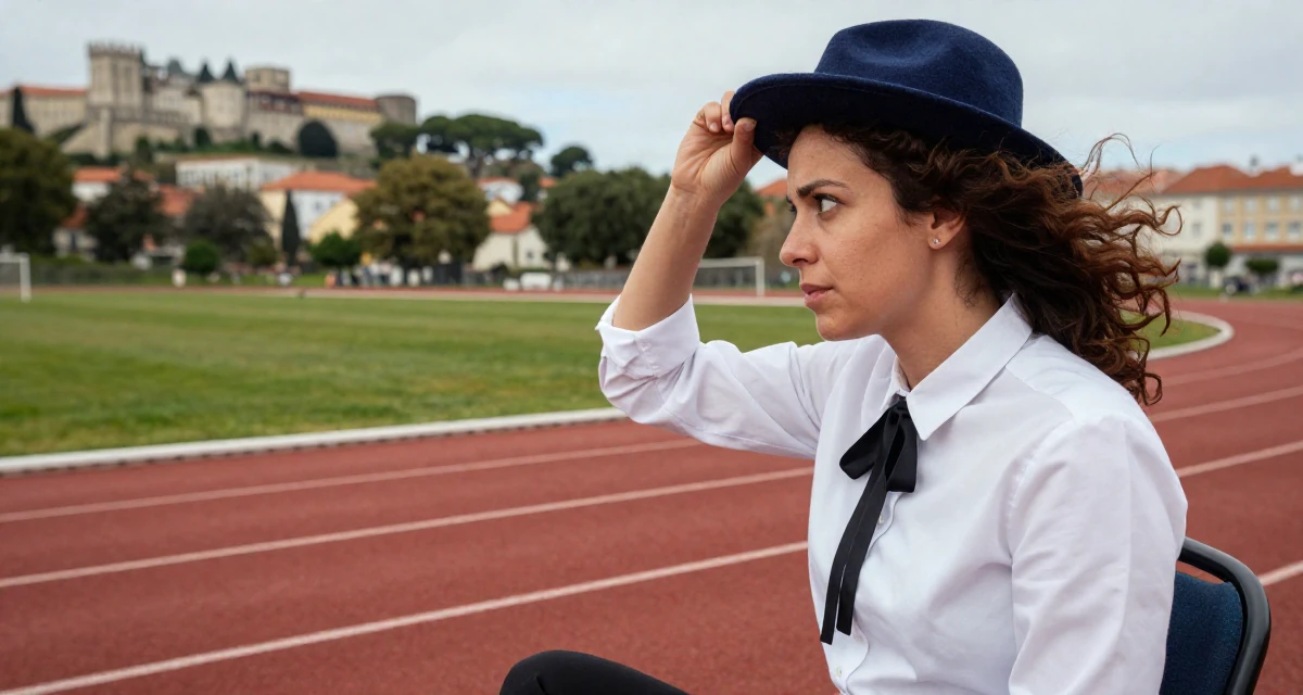 A curious and focused Female From Lisbon Portugal, majored in digital communication in their 47, preparing for the empty nest phase, wearing a white shirt with a black ribbon tie, tipping a hat in a running track.