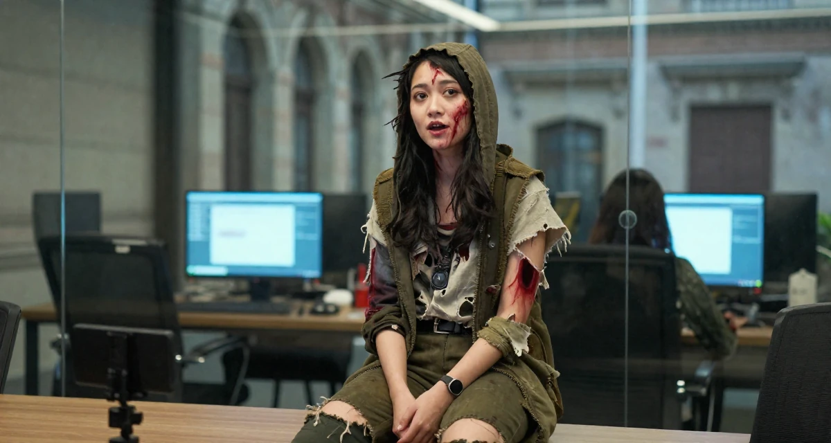 A open and honest Female From Bandung Indonesia, studied journalism in their 23, experimenting with soft teasing videos, wearing a zombie apocalypse survivor gear with torn clothes, waiting for a light to change in a glass-walled conference room.