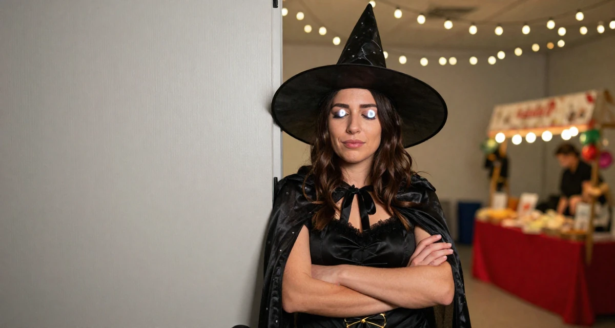 A exhausted Female Former veterinary assistant, now sharing soft pet-inclusive content in their 30, feeling pride and fatigue in equal measure, wearing a classic witch costume with a wide-brimmed hat, leaning against a door in a conference room.