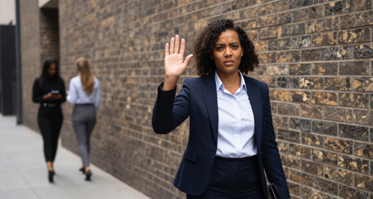 A ferocious Female Born in South Africa, studied political communication in their 43, mentoring young professionals in the field, wearing a sharp business casual attire, fixing a collar in a city sidewalk.