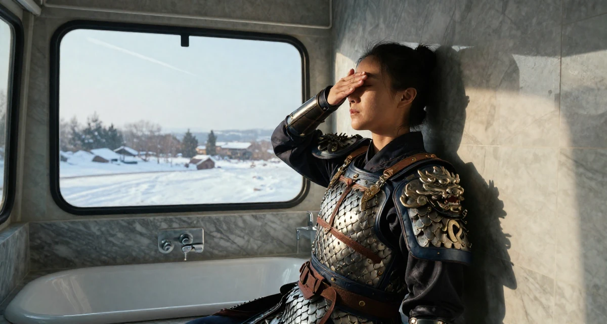A determined Female From Chongqing China, trained in yoga and body-movement expression in their 35, renovating a vintage van for travel, wearing a dragon scale armor texture with metallic sheen, covering eyes from the sun in a marble bathroom with a tub.