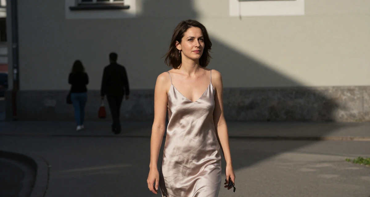 A lighthearted Female From Poland, majored in international relations in their 35, commanding respect without raising a voice, wearing a silk slip dress in a soft neutral tone, scrolling casually in a city sidewalk.