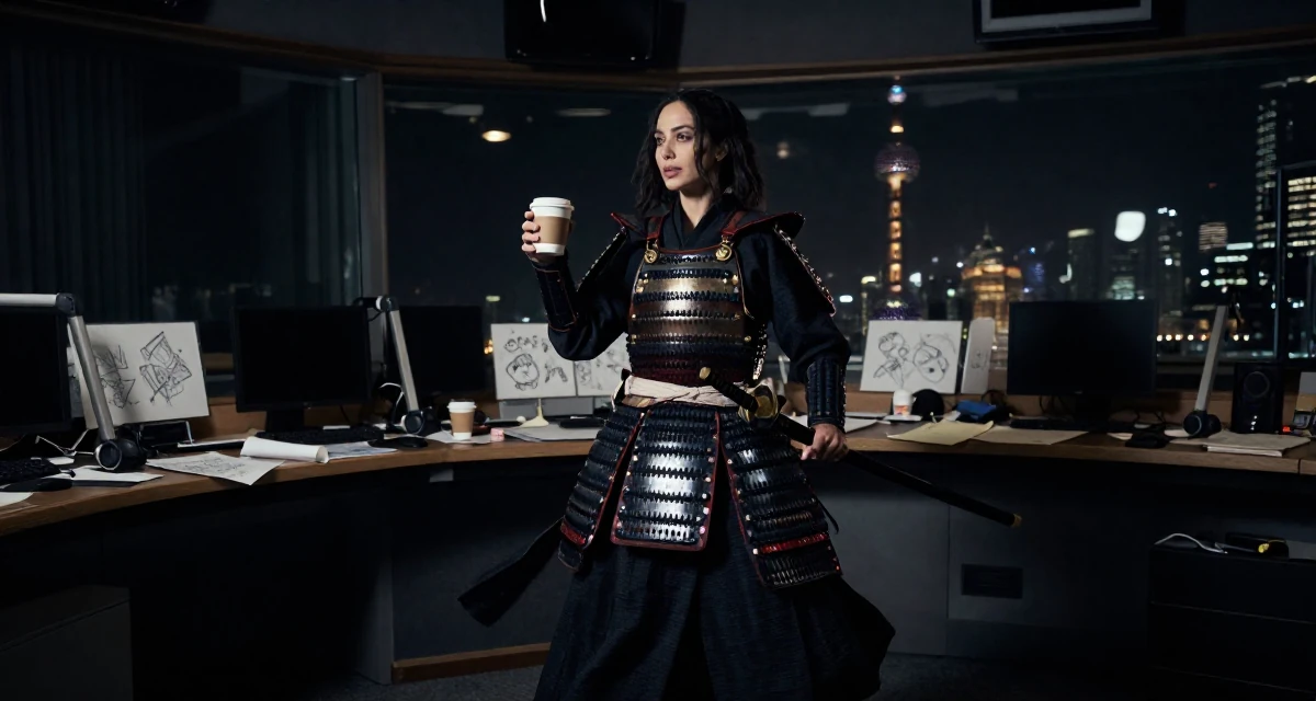 A tranquil Female Raised in the UAE, studied consumer behavior analytics in their 47, sharing tips on managing a multigenerational home, wearing a samurai armor set with a katana at the waist, holding a cup of coffee in a radio station.