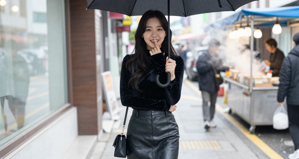 A joyful Female From South Korea, based in Busan, graduated from a design institute majoring in visual communication in their 20, discovering their first real sense of independence, wearing a fitted velvet top and a leather skirt, holding an umbrella in a city sidewalk.