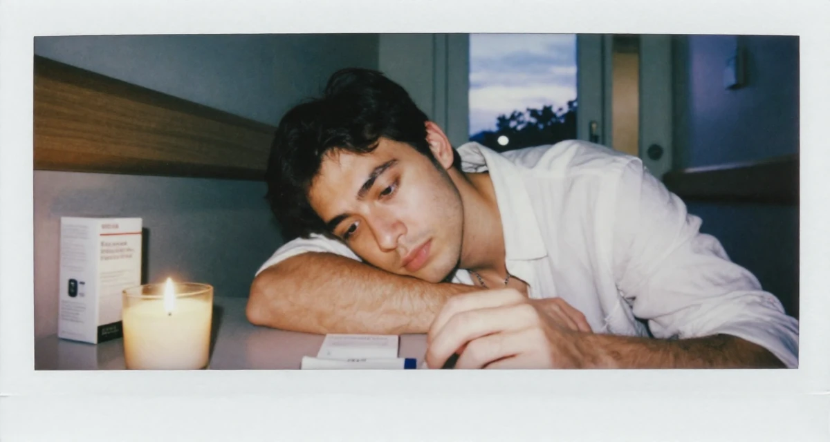 A wistful male From Rotterdam Netherlands, practiced lifestyle videography and editing in their 23, building first professional networks, wearing a white button-down shirt worn open over a lace bra, examining a product in a hospital corridor.