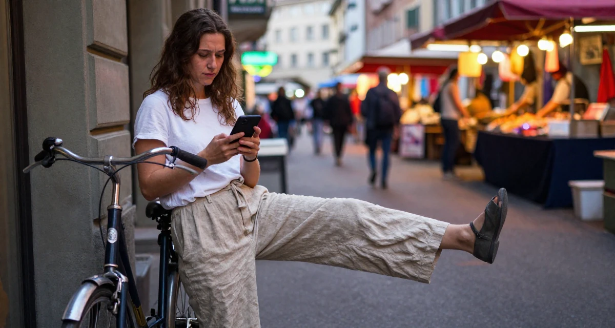 A wistful Female From Zurich Switzerland, holds a degree in accounting and finance in their 30, weighing long-term health against constant digital hustle, wearing a loose-fitting linen trousers, pulling up a sock in a neon-lit street.