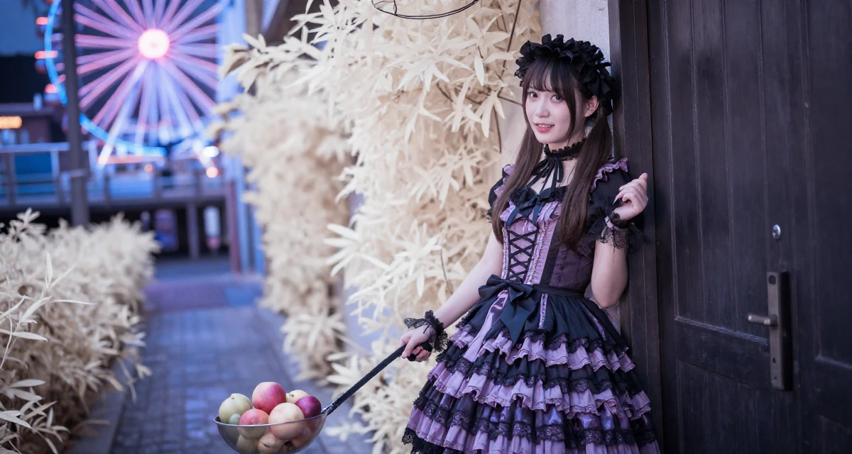 A amused Female From Hangzhou China, studied online commerce and lifestyle branding in their 25, over the drama of early 20s nightlife, wearing a elaborate gothic lolita dress with frills and lace, holding a leash in a neon-lit alleyway.