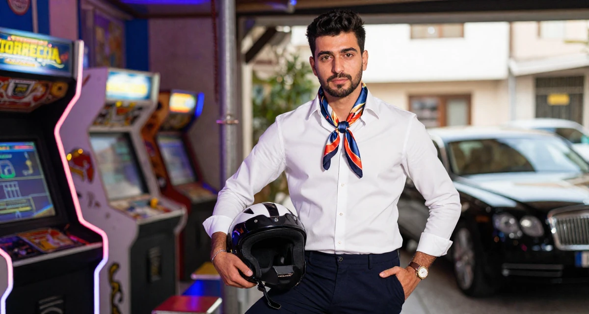 A elegant male From Tunisia, majored in data science in their 24, taking creative work more seriously, wearing a silk scarf tied around the neck of a white shirt, holding a helmet in a arcade room with neon lights.