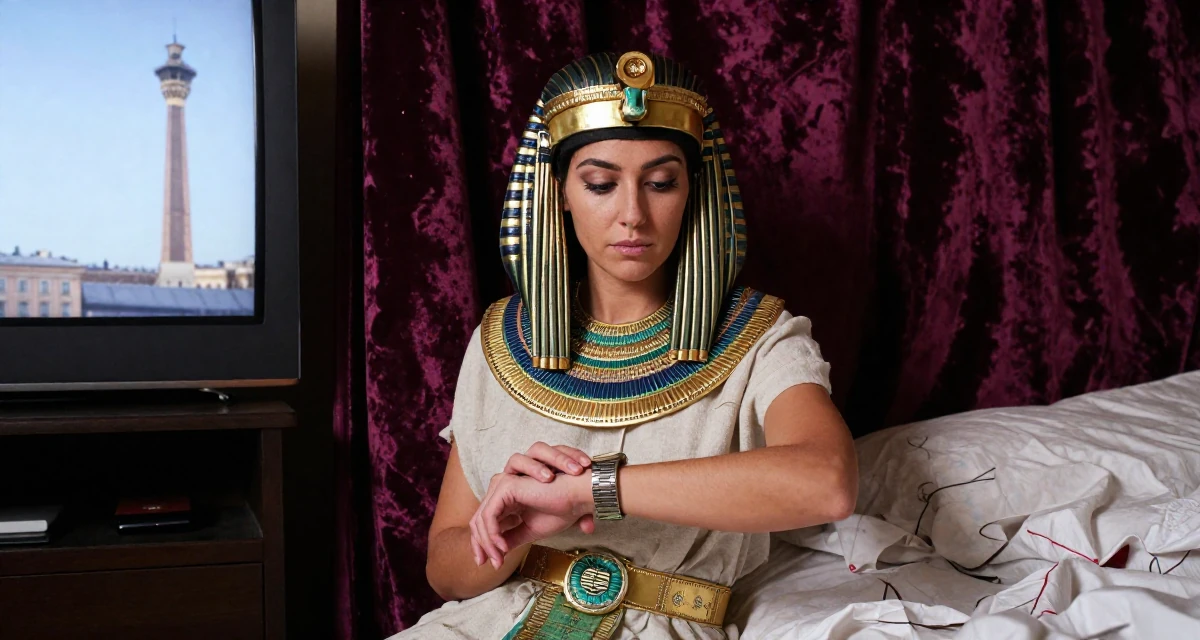 A aloof Female From Saint Petersburg Russia, studied fine arts in their 26, working through back-to-back burnout cycles, wearing a egyptian queen costume with gold collar and linen, glancing at a wristwatch in a tv set.
