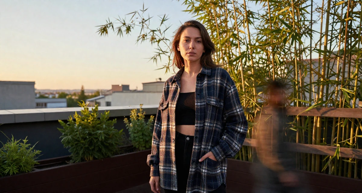 A shy Female Raised in Kazakhstan, majored in global business in their 30, first-time entrepreneur building a startup, wearing a oversized flannel shirt unbuttoned over a crop top, sliding a hand into a pocket in a rooftop terrace at sunset.
