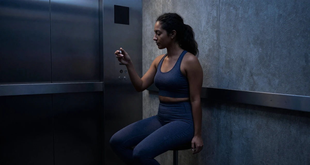 A humble Female From USA, studied anthropology and folklore in their 22, learning workplace expectations and boundaries, wearing a gym shark style seamless leggings and matching crop top, flipping a coin in a elevator hall.