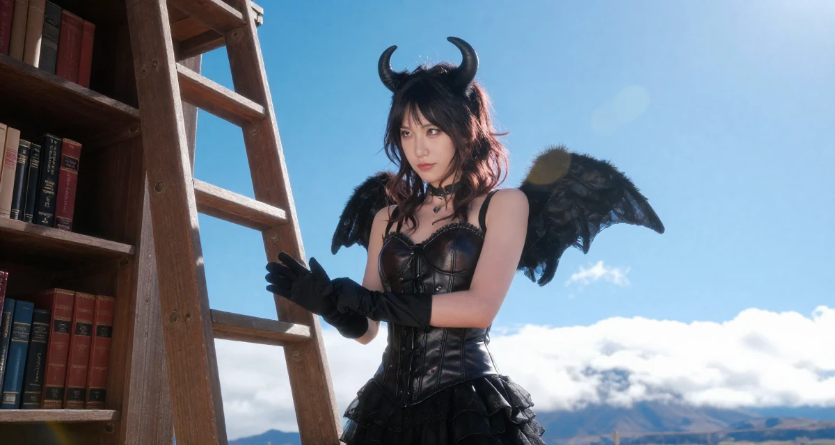 A teasing Female Born in New Zealand, studied creative media production in their 23, learning the pain of “low views after high effort”, wearing a succubus costume with small wings and a leather bustier, removing a glove in a old library with wooden ladders.