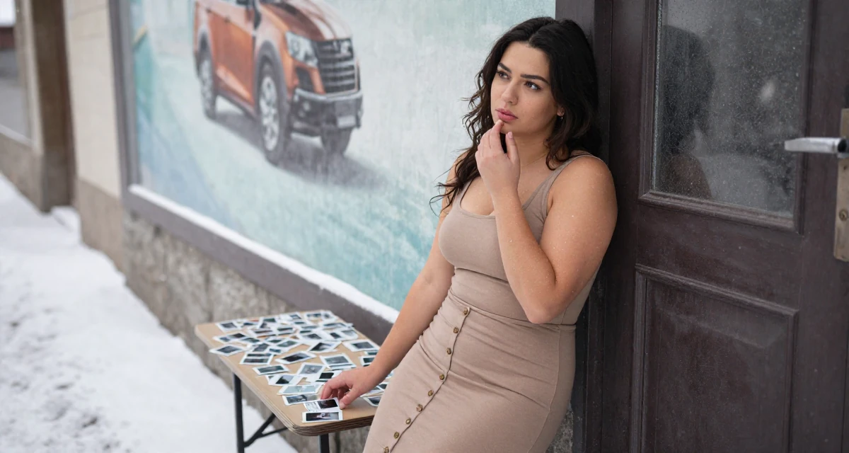 A thoughtful Female Once a delivery driver, now a confidence-focused body-positive creator in their 25, calculating every purchase because income is unstable, wearing a fitted midi skirt with buttons down the front, leaning against a door in a snowy sidewalk.