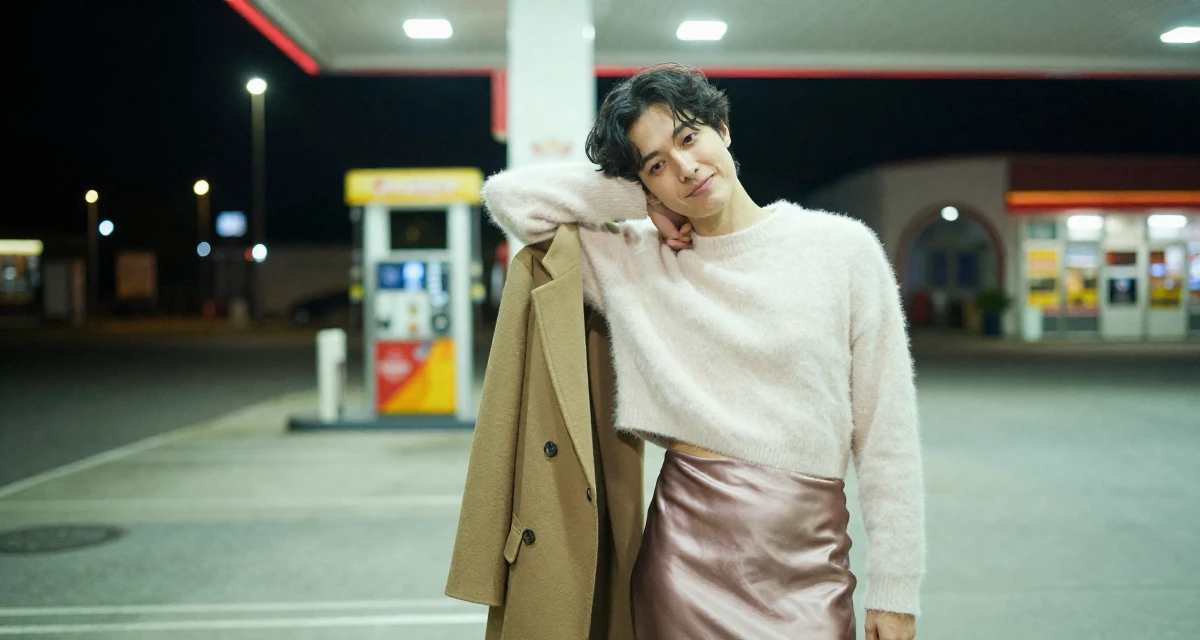 A lighthearted male Former bakery assistant, now crafting sweet, soft-aesthetic creator vibes in their 49, celebrating the beauty of imperfection, wearing a satin midi skirt and a fuzzy cropped sweater, unbuttoning a coat in a gas station at night.