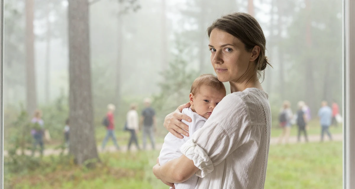 A self-assured Female From Gothenburg Sweden, studied sustainable development in their 35, caring for a newborn, wearing a white cotton nightgown with lace details, rolling up sleeves in a dense misty forest.