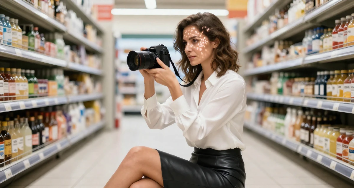 A mysterious Female From Russia, studied psychology at a community college in their 35, sharing the journey of learning a new language, wearing a white silk shirt tucked into a leather pencil skirt, holding a camera ready to shoot in a supermarket aisle.