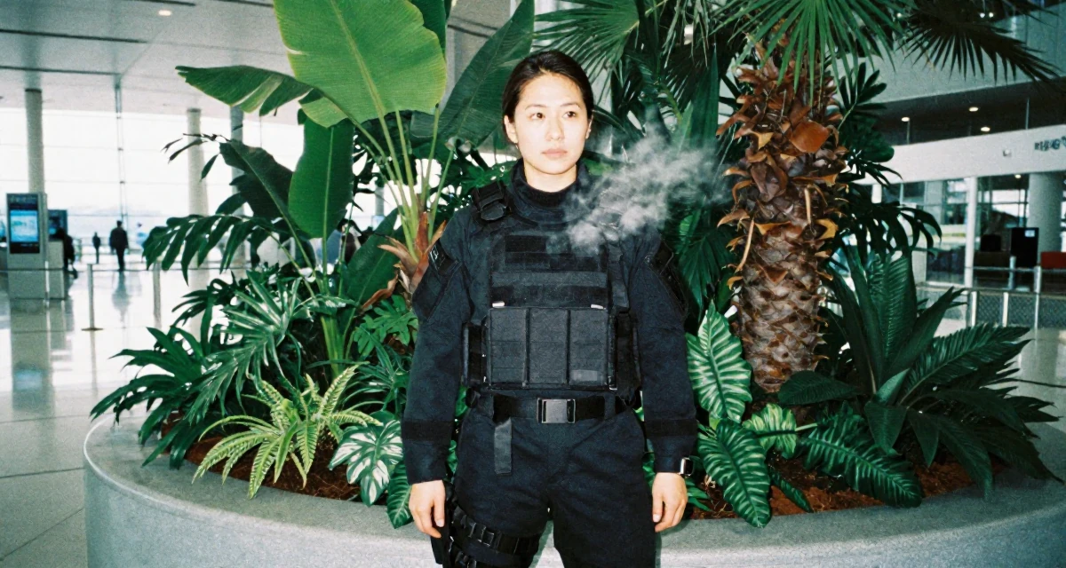 A reflective Female From Osaka Japan, holds a degree in animation design in their 33, documenting a weight loss and health journey, wearing a special forces tactical suit in matte black, dusting off the shoulder in a airport terminal.