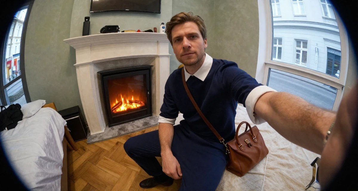 A quietly confident male From Kraków Poland, studied emotional choreography in contemporary dance in their 24, establishing a distinct professional reputation, wearing a navy blue dress with white collar and cuffs, carrying a leather handbag in a neon-lit street.