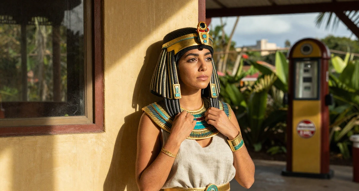 A determined Female From Costa Rica, studied environmental engineering in their 24, exploring unconventional career paths, wearing a egyptian queen costume with gold collar and linen, fixing a collar in a botanical garden.