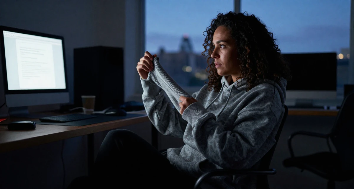A stoic Female From Sydney Australia, holds a degree in environmental science in their 36, building a community for working moms, wearing a trendy oversized hoodie, pulling a sweater sleeves over hands in a basement studio.