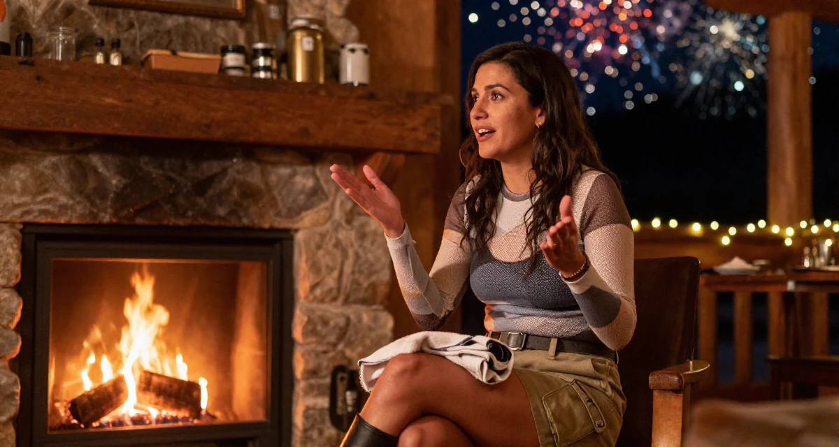 A vibrant Female From Bolivia, studied graphic design at a technical school in their 45, sharing wisdom on navigating office politics, wearing a layered mesh top and cargo mini skirt, holding a gym towel in a ski lodge fireplace.