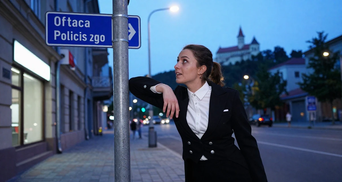 A enthusiastic Female From Bulgaria, based in Varna, graduated from an arts college majoring in atmospheric performance aesthetics in their 22, navigating the confusing world of office politics, wearing a circus ringmaster outfit with a tailcoat, looking at a street sign in a urban street.