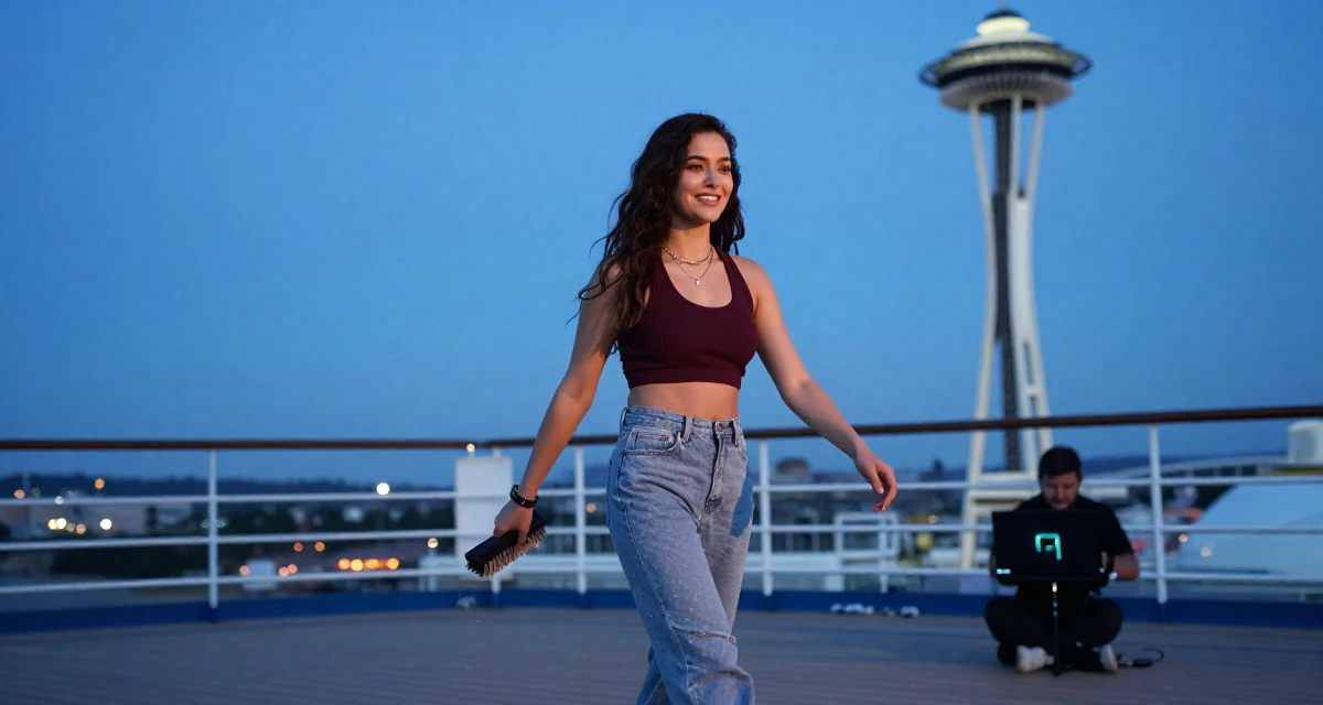 A cheerful Female Former street-dance trainee, now offering choreography-based fan content in their 20, capturing every moment for the aesthetic, wearing a casual weekend brunch outfit, brushing off dust in a cruise ship deck.