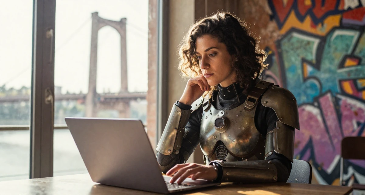 A longing Female From Italy, based in Bologna, graduated from a local university majoring in media production in their 28, recovering from a failed startup, wearing a biopunk organic armor suit, holding a laptop in a vanity mirror.