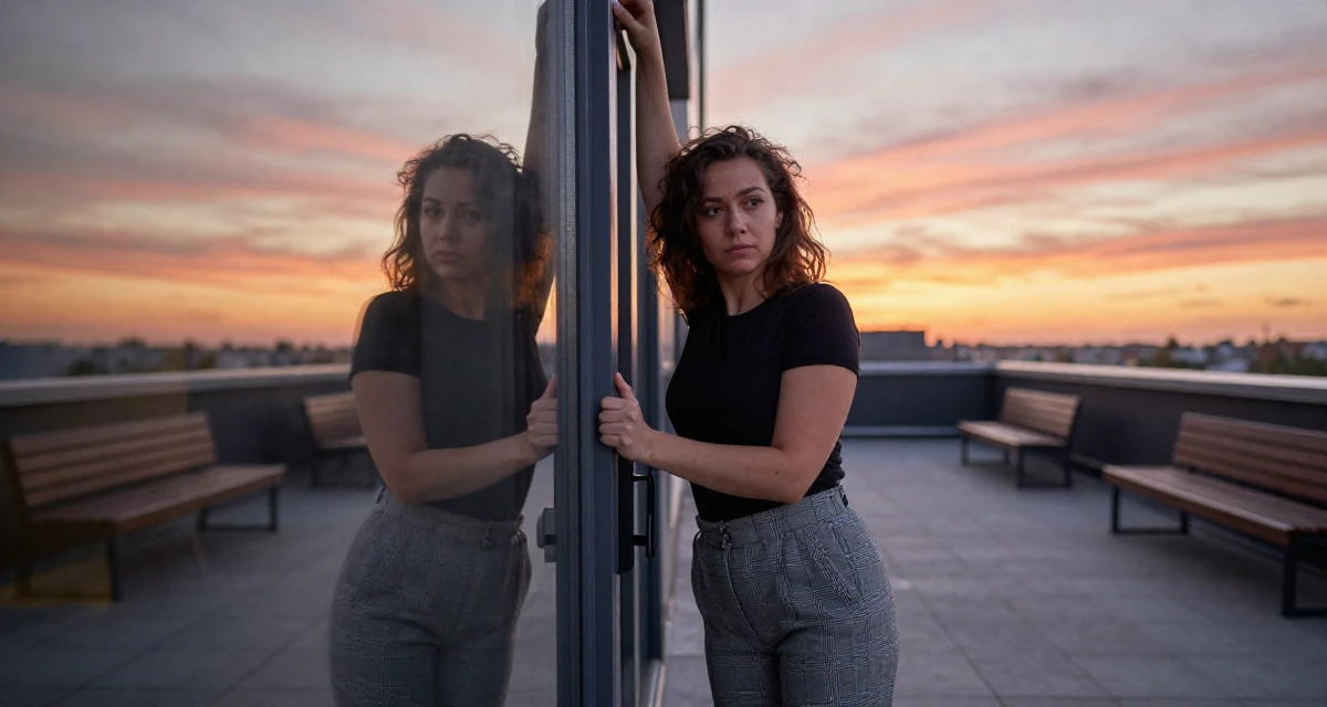 A solemn Female Once a pastry chef, now blending cooking with playful creator energy in their 26, taking night classes, wearing a grey plaid trousers and a fitted black tee, pushing a door open in a rooftop terrace at sunset.