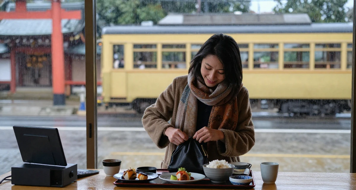 A hopeful Female Born in Indonesia, studied brand communication in their 31, learning to cook gourmet meals at home, wearing a layered autumn coat and scarf, closing a bag in a Japanese Shinto shrine.