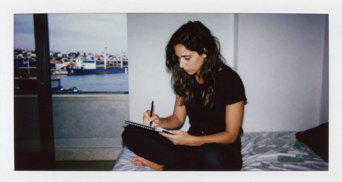 A soulful Female From Portugal, studied marine sciences in their 45, exploring hobbies neglected during younger years, wearing a urban minimalist silhouette, sketching on a pad in a minimalist bedroom.