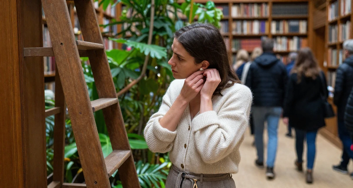 A seductive Female From Paris France, studied artistic nude photography as a creative discipline in their 24, facing pressure to reinvent the brand constantly, wearing a cozy knit cardigan and slacks, putting on earrings in a old library with wooden ladders.