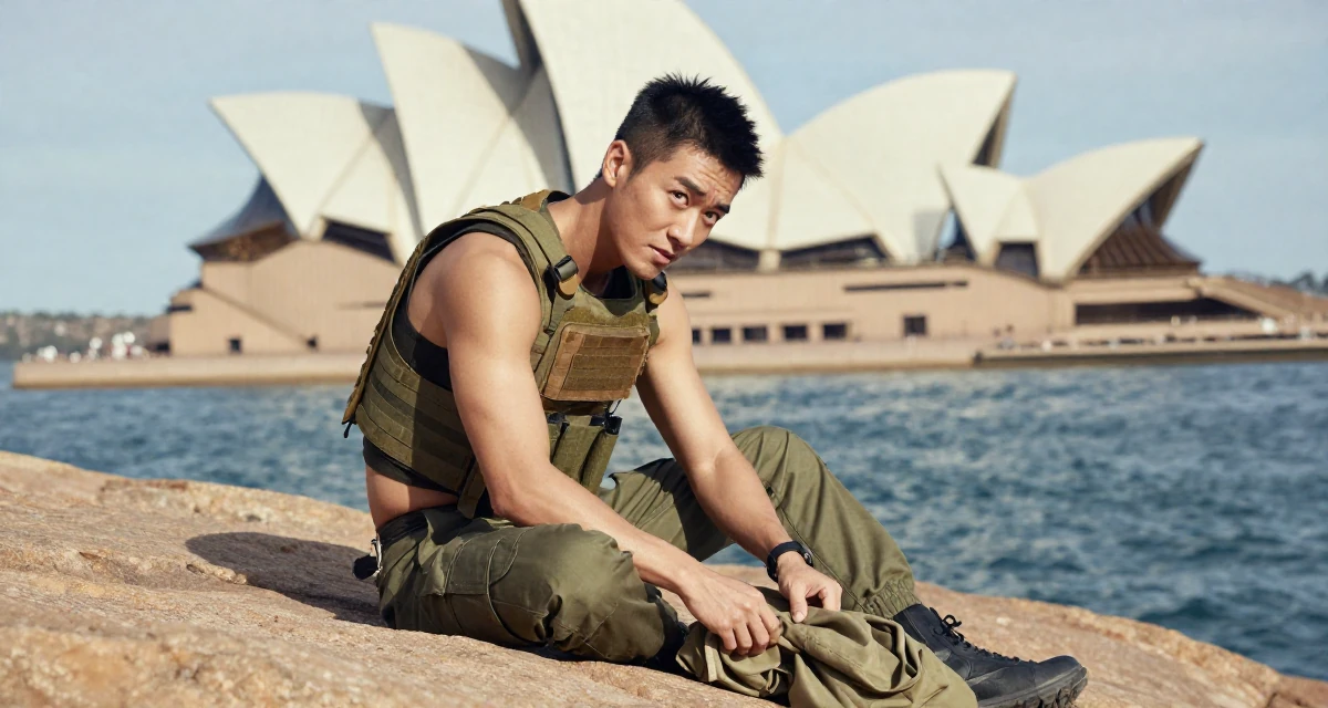 A mischievous male From Guangzhou China, learned fashion styling through studio work in their 30, carrying the weight of years of hustling online, wearing a tactical military gear with a cropped vest and cargo pants, smoothing out clothes in a rocky ocean cliff.