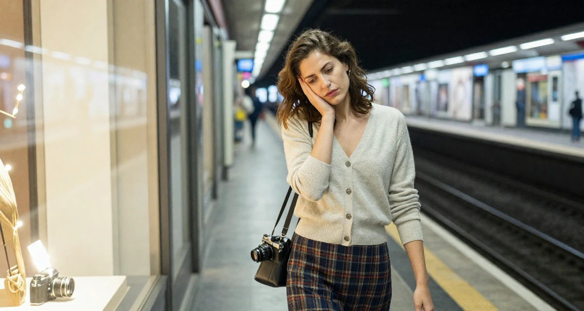 A tired Female From Greece, based in Athens, graduated from a design academy majoring in romantic-themed media in their 24, seriously considering moving to a new country, wearing a classic librarian style cardigan and a plaid skirt, leaning head on a hand in a subway platform.