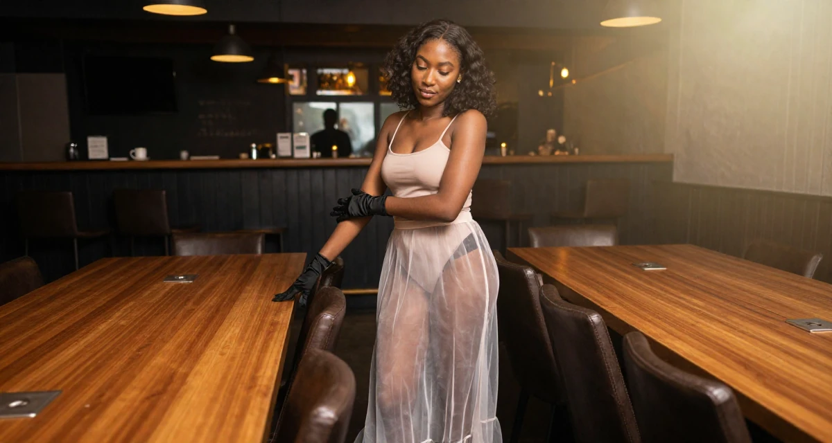 A soft Female From Nigeria, majored in business communication in their 22, managing new financial responsibilities, wearing a sheer maxi skirt with a bodysuit underneath, putting on a glove in a dimly lit jazz bar.