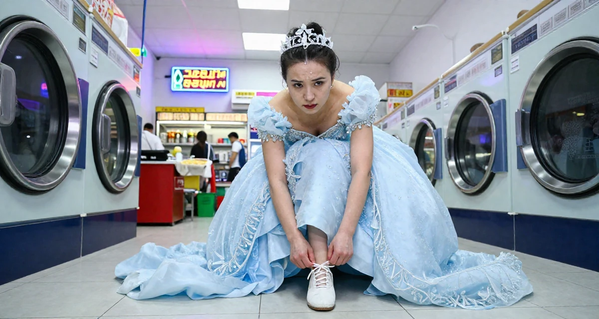 A cold and distant Female Raised in Kazakhstan, majored in global business in their 30, feeling pride and fatigue in equal measure, wearing a snow queen gown with ice crystal details, tying a shoelace in a laundromat with neon signs.