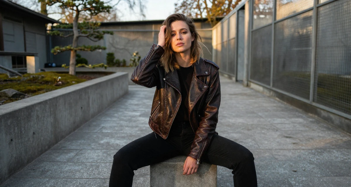 A calm and confident Female From Hamburg Germany, majored in sociology in their 24, prioritizing mental health over the grind, wearing a vintage-inspired leather jacket look, running fingers through hair in a zoo enclosure path.