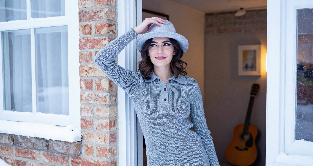 A witty Female From Portugal, majored in digital storytelling in their 21, wearing a party dress with smudged eyeliner, wearing a smart knit polo, adjusting a hat in a loft apartment with brick walls.